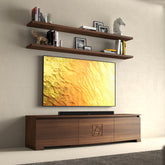 Mobile TV moderno sagomato legno noce intenso con mensole collezione Modigliani Piombini Mobili Classici Italiani tv 65" accesa COMP14